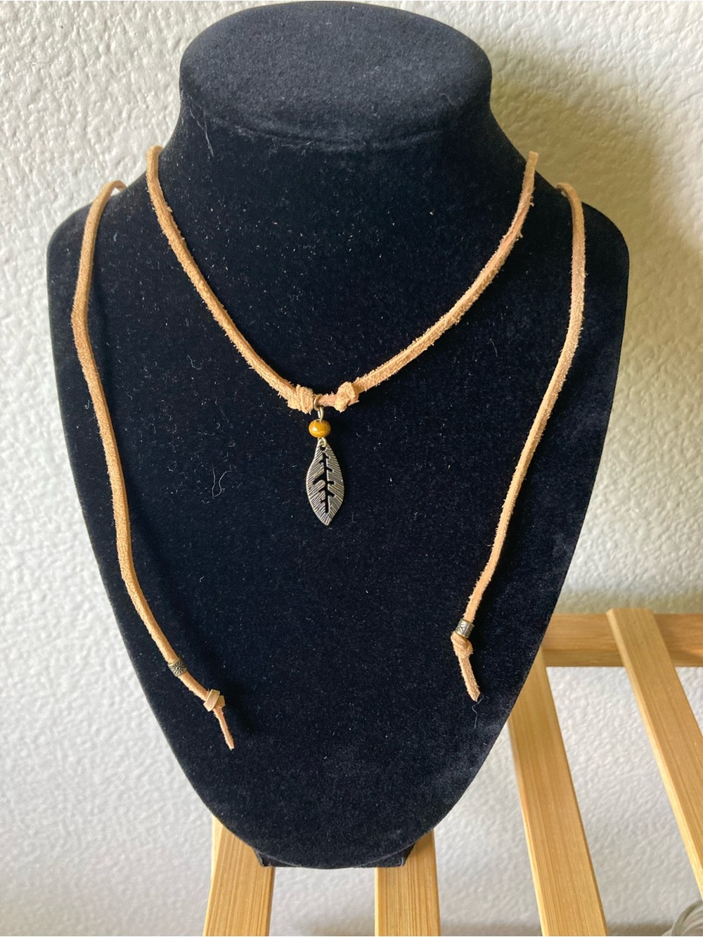Bohemian Tan Suede Leaf Pendant Wrap Necklace